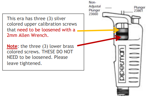 This Pipetman era has three (3) silver colored upper calibration screws that need to be loosened with a 2mm Allen Wrench.