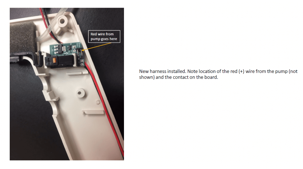 new harness installed. note location of the red (+) wire from the pump (not shown) and the contact on the board.